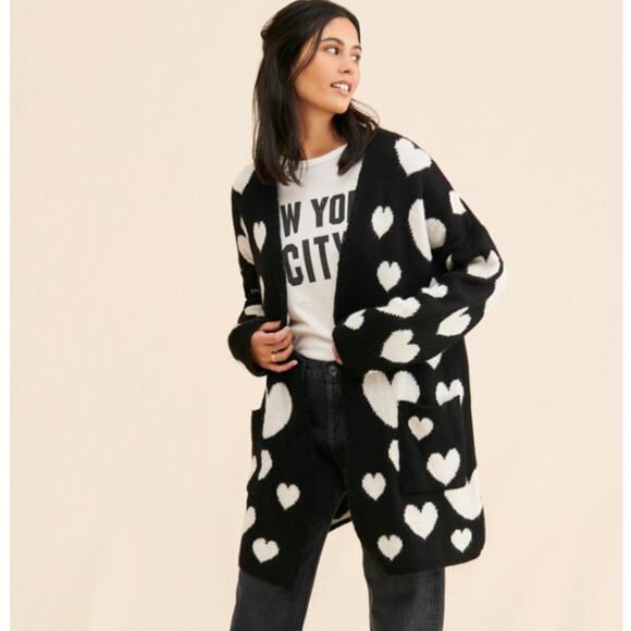 ANTHROPOLOGIE x MAEVE Halley Hearts Cardigan Sweater Black White Sz M/L {3W29} - Picture 1 of 7